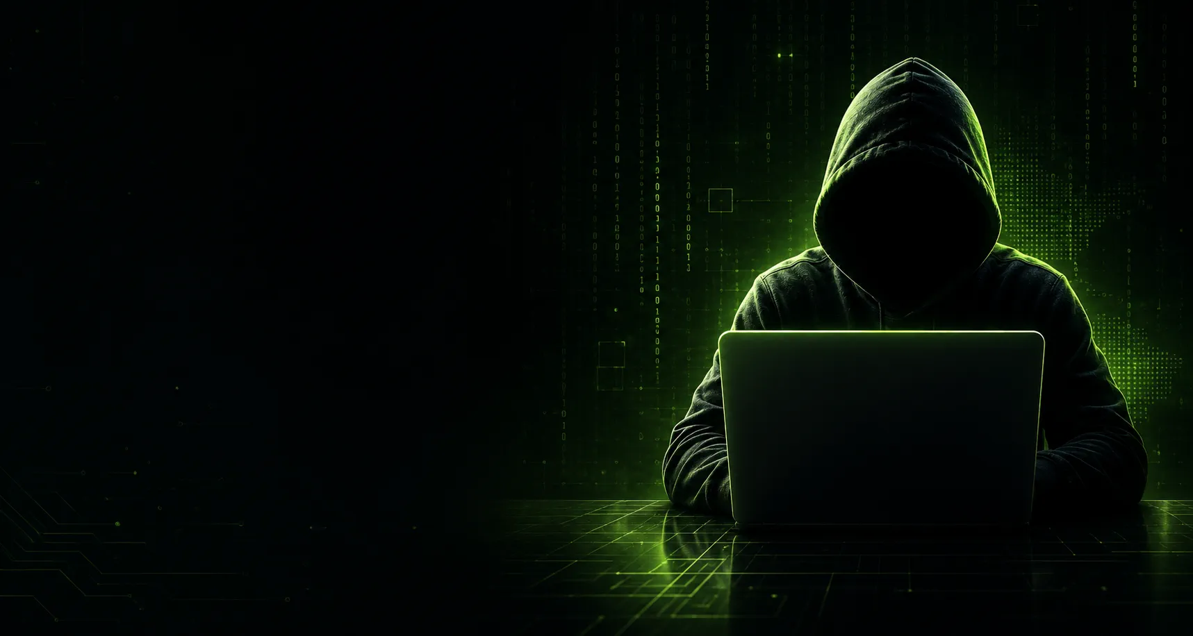 Programador encapuzado em frente ao notebook com código em verde estilo matrix